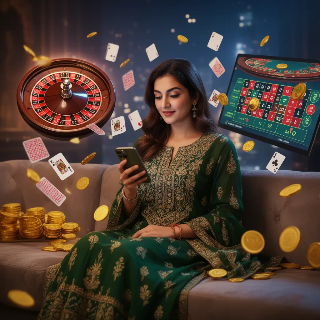 2888PK App – Enjoy seamless casino entertainment anytime in Pakistan Stylish Pakistani woman relaxing on a sofa while using the 2888PK casino app with floating gold coins roulette wheels and playing cards